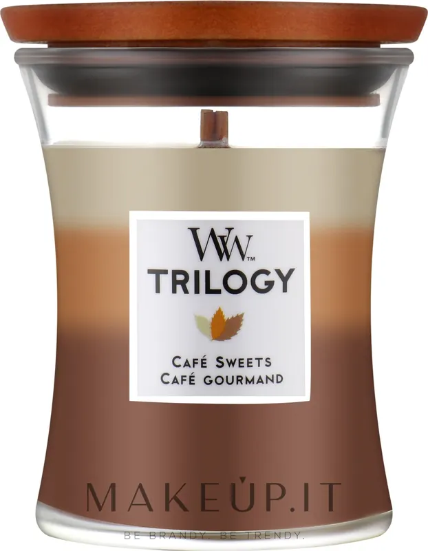 Candela profumata in vetro WoodWick Hourglass Trilogy Cafe Sweets 275 g