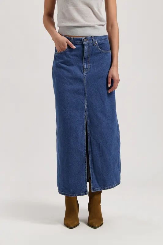 Mud Jeans Lena Long Skirt Medium Stone Maat: L | Maxi Rokken Outlet | Dames | Blauw