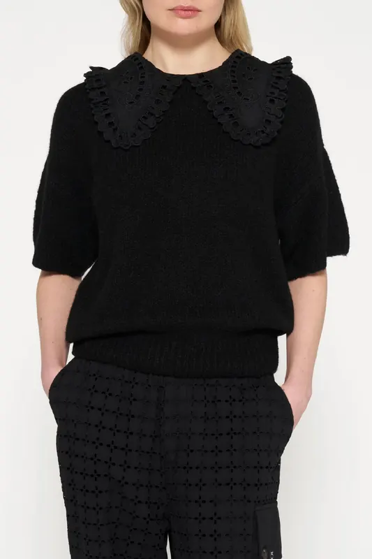 10DAYS Short Sleeve Ruffle Knit Sweater Black Maat: XS | Gebreide Truien Outlet | Dames | Zwart
