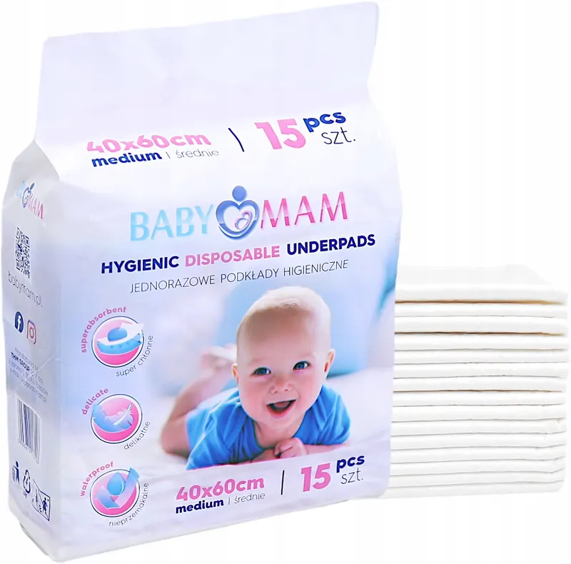 Babymam Podkład Jednorazowy 40x60 cm Podkłady Higieniczne Przewijak 15szt