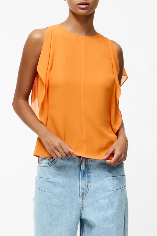 French Connection Eden Georgette Flutter Slv Top Papaya Orange Maat: 8 | Blouses Outlet | Dames | Oranje