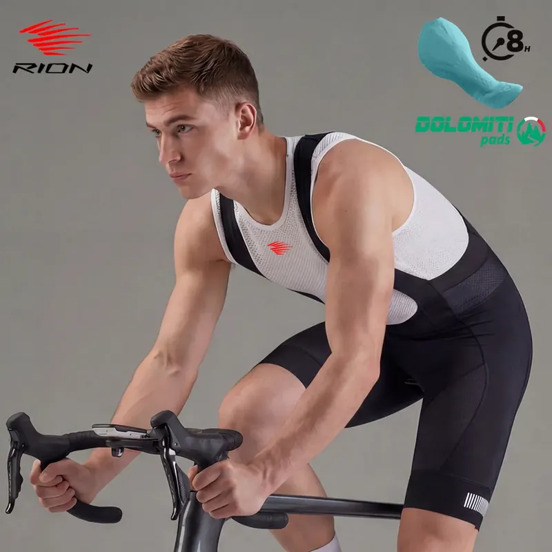 RION Męskie Spodenki Kolarskie Pro Rowerowe Spodnie na Szelkach MTB z Wkładką, Odzież Rowerowa z Wkładkami Włoskimi Dolomiti 8H, Spodenki na Szelkach do Jazdy Szosowej, Dopasowany Krój