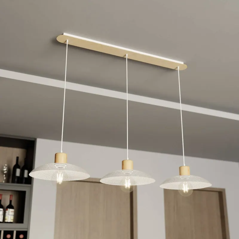 Lampa wisząca Kobe, 3-punktowa, stal, drewno, biały