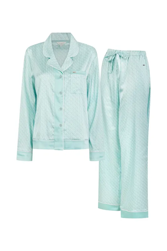 Ted Baker Fern 1pk Monogram Tb Traditional Satin Pj Set Aquifer Print Maat: M | Longsleeves Outlet | Dames | Blauw