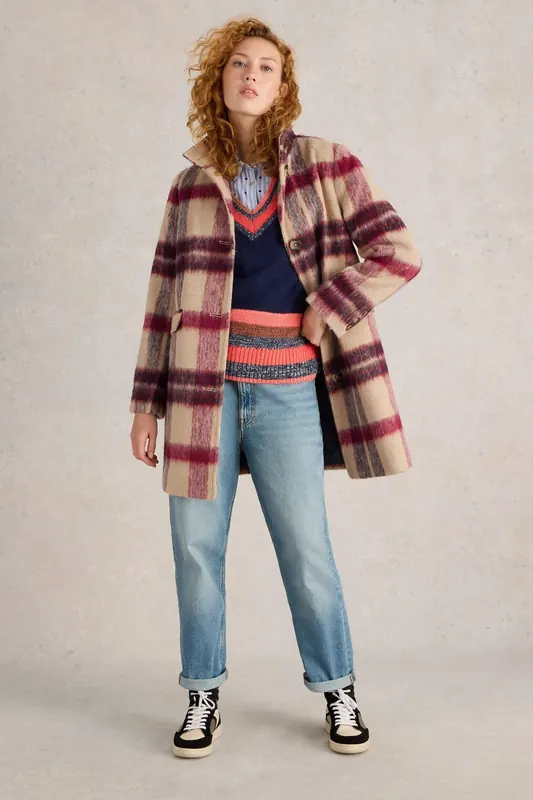 White Stuff Karla Check Coat Plum Multi Maat: 20 REGULAR | Single-Breasted Mantels Outlet | Dames | Beige