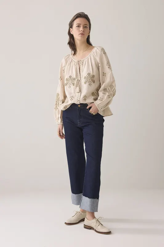 Summum Woman Long Sleeve Top Linen Heavy Embroidery Pebble Beige Maat: 36 | Longsleeves Outlet | Dames | Beige