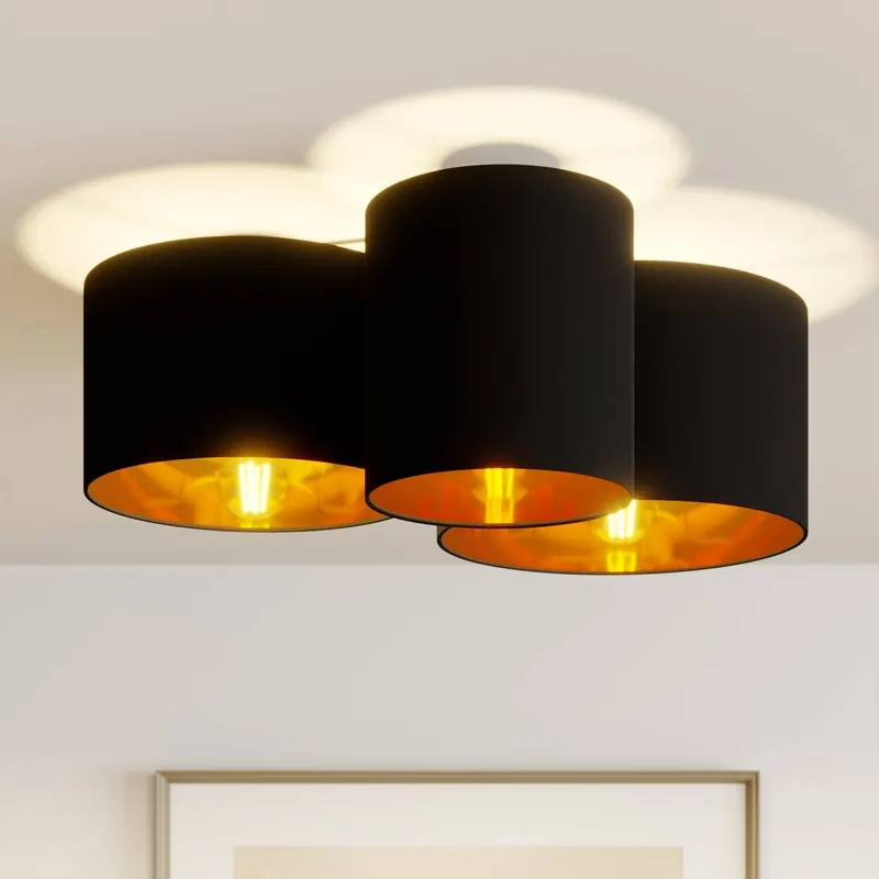 Lampa sufitowa Lindby Laurenz, 3-punktowa, czarna/złota, tekstylna