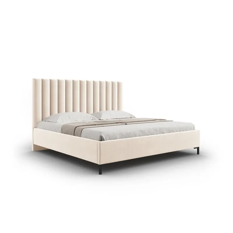 Beżowe tapicerowane łóżko dwuosobowe ze schowkiem i stelażem 160x200 cm Casey – Mazzini Beds