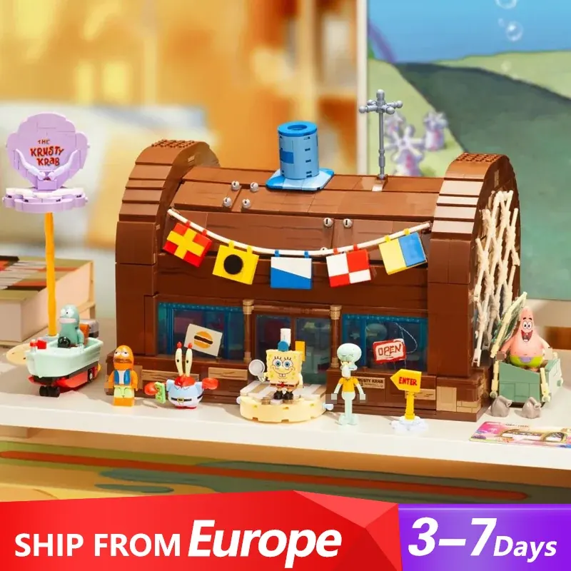 SpongeBob SquarePants klocki kreskówka kreatywny Krusty Krab restauracja 6 Model figurki cegły Puzzle zabawki dla dzieci prezent