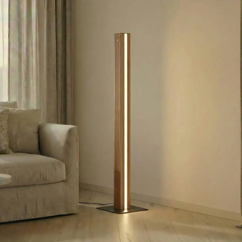 Lucande lampa stojąca LED Lieske, czarna, dąb, ściemniana