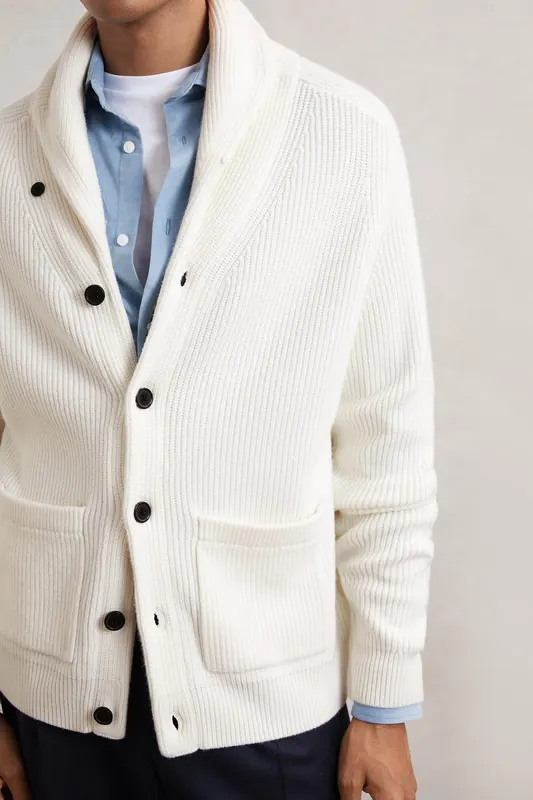 Reiss Ls Shawl Collar Ribbed Cardigan Winter White Maat: L | Cardigans Outlet | Heren | Wit