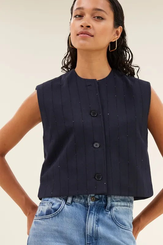 By-Bar Nori Sparkle Gilet Navy Lurex Stripe Maat: XL | Gilets Outlet | Dames | Blauw