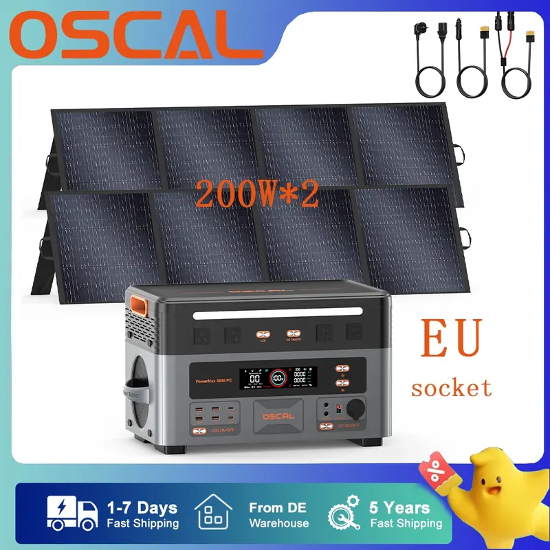 Przenośna stacja zasilania OSCAL 3600W PowerMax 3600PE, generator solarny 2016Wh, ładowanie AC 1500W i ładowanie solarne 1600W, stacja zasilania z baterią LiFePO4 do użytku domowego, na wypadek awarii