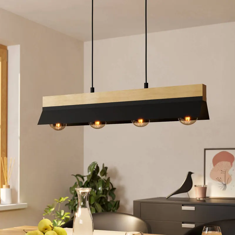 Lampa żyrandol czarna Tarrafo, naturalne drewno, 4-punktowa