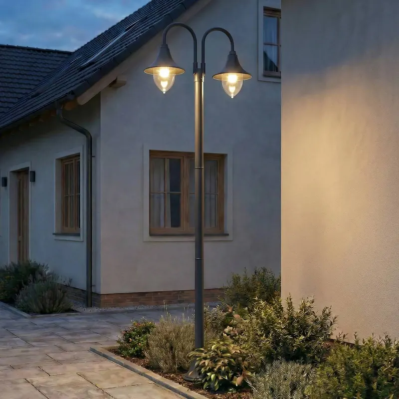 Lampa zewnętrzna Lindby Madea, szara, 2-punktowa, 212 cm, E27, IP44