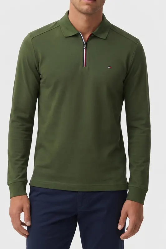 Tommy Hilfiger Fluid Cotton Flag Embroidery Zip Polo Shirt Mountain Pine Maat: XS | Longsleeves Outlet | Heren | Groen