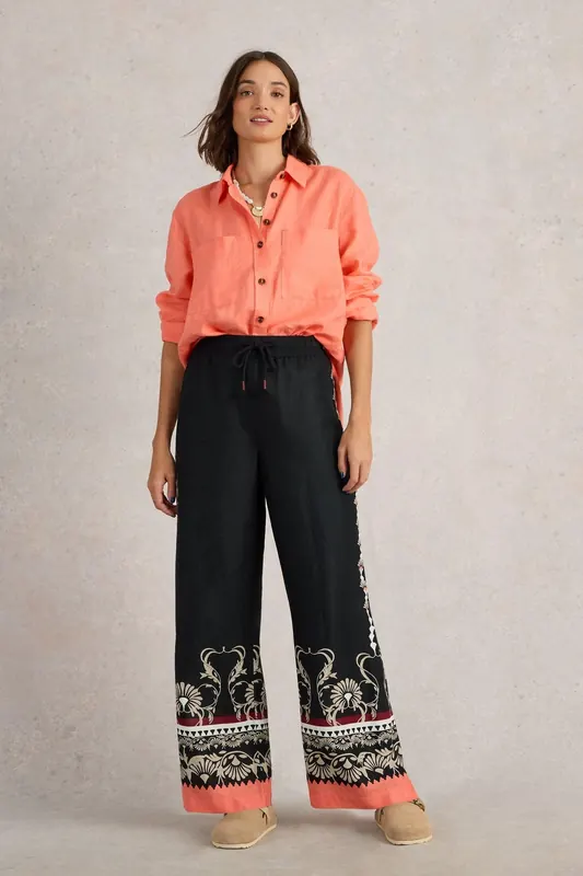 White Stuff Belle Linen Wide Leg Trouser Black Print Maat: 6 REGULAR | Wijde Broeken Outlet | Dames | Zwart