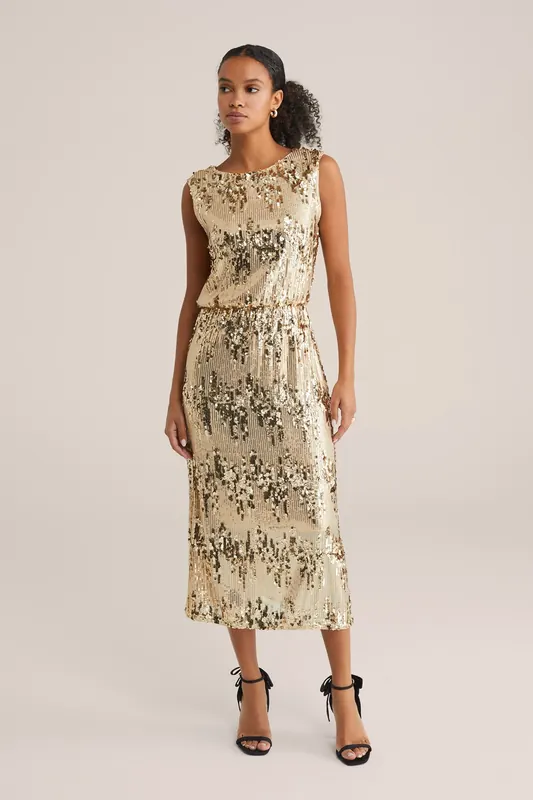 We Fashion Dress Mid Length Gold Maat: L | Midi Jurken Outlet | Dames | Goud