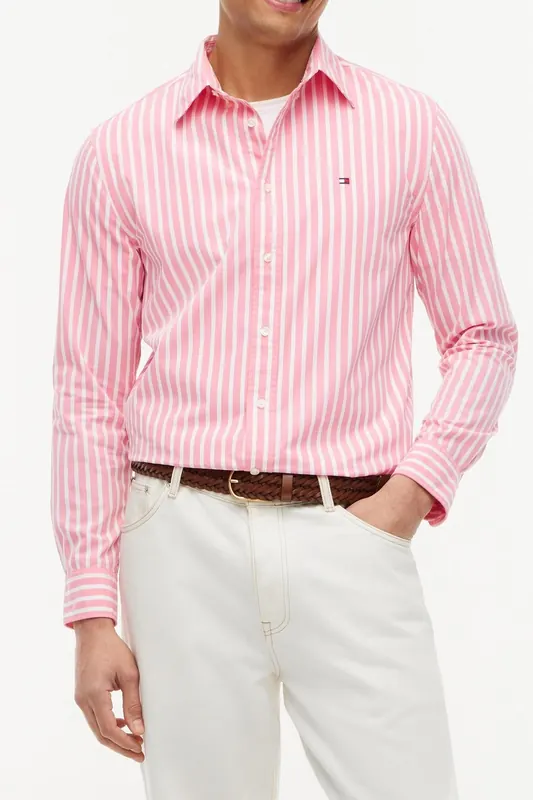 Tommy Hilfiger Flex Poplin Seasonal Doll Pink/stripe Maat: XL | Casual Overhemden Outlet | Heren | Roze