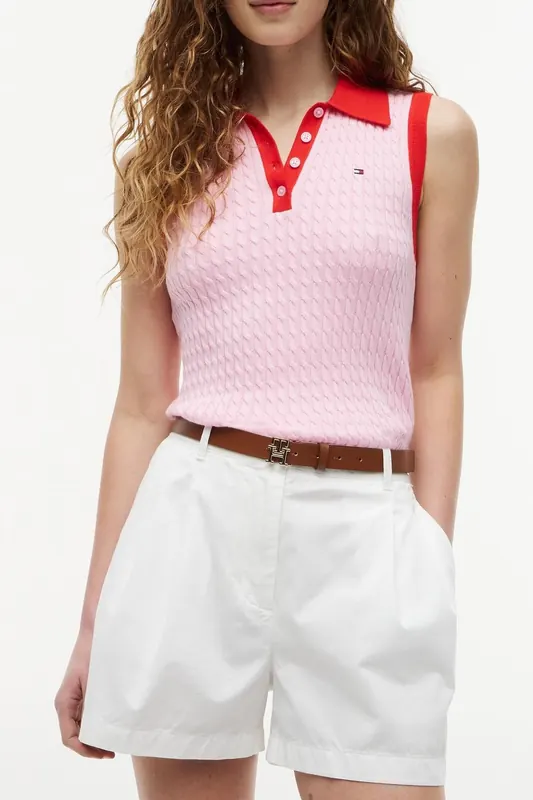 Tommy Hilfiger Fine Cable Sleeve Classic Pink Maat: L | Poloshirts Outlet | Dames | Roze