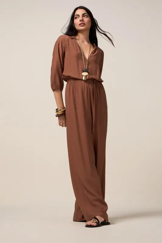 Oltre Fluid Jumpsuit With V-neck Brown Maat: 46 | Jumpsuits Outlet | Dames | Bruin