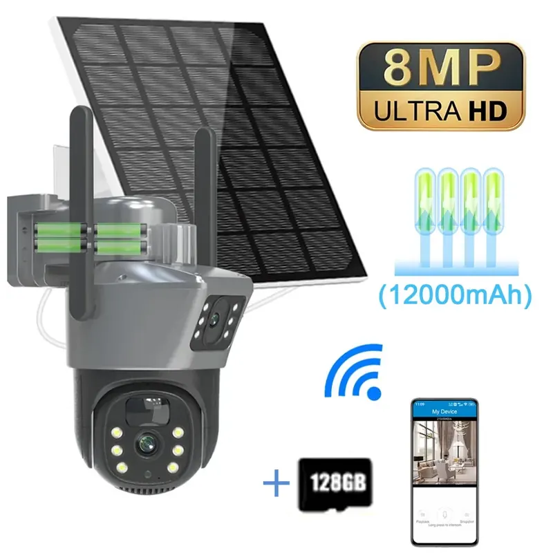 Kamera solarna 4K 8MP z dwoma ekranami, bezprzewodowa, WiFi, PTZ, z podwójnym obiektywem, do monitoringu zewnętrznego, z funkcją automatycznego śledzenia, kamery CCTV.
