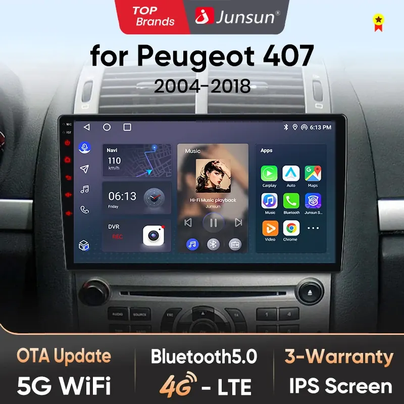 Junsun AI bezprzewodowy CarPlay dla Apple Android Radio samochodowe dla Peugeot 407 cc SW 407CC 2004 2005-2011 Navi BT DSP GPS GPS FM