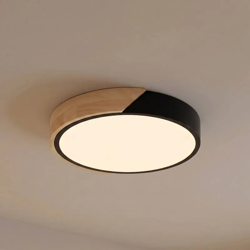 Lampa sufitowa LED PRIOS Lynorri, Ø 32 cm, czarna, wykończenie drewniane