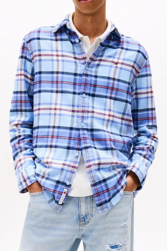 Tommy Hilfiger Tjm Reg Flannel Checked Shirt Light Powdery Blue/big Check Maat: S | Casual Overhemden Outlet | Heren | Blauw
