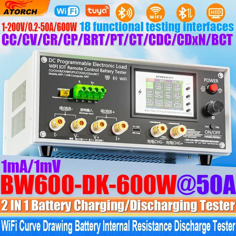 BW600-DK 200V 50A Tester Pojemności Akumulatorów Litowych i Kwasowo-Ołowiowych 18650, Elektroniczne Obciążenie, Tester Mocy, Miernik Rozładowania, Narzędzia do Kontroli Samochodów