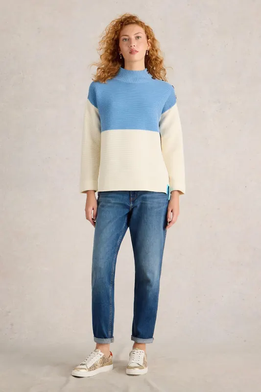 White Stuff Jana Button High Neck Blue Multi Maat: 14 | Sweaters Outlet | Dames | Blauw
