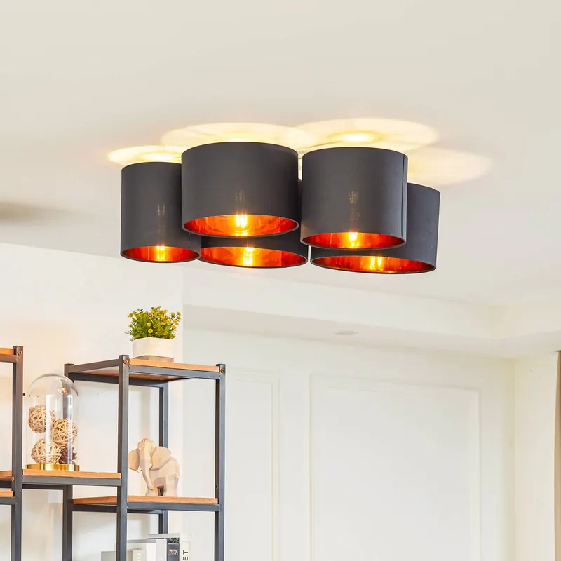 Lampa sufitowa Lindby Laurenz, 5-punktowa, czarna/złota, tekstylna