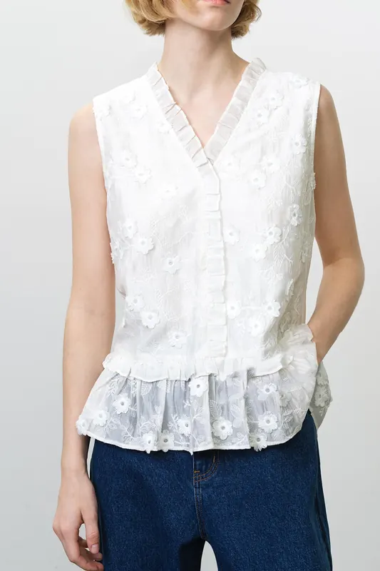 French Connection Vani Cotton Peplum Top Linen White Maat: XL | Blouses Outlet | Dames | Wit