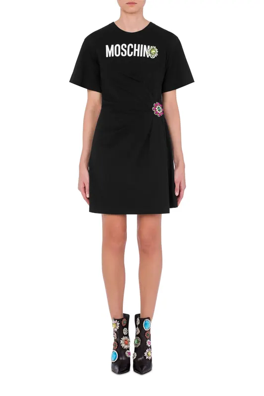Moschino Jewel Flower Organic Jersey Dress Black Maat: 36 | Mini Jurken Outlet | Dames | Zwart