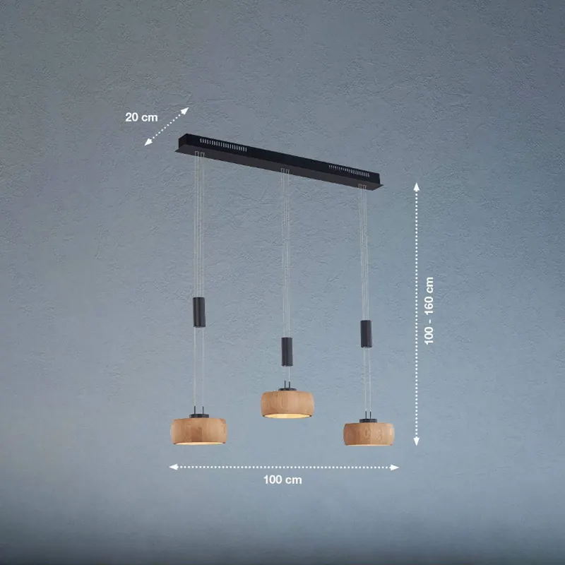 Lampa wisząca LED Shine-Wood, dąb/czarny Długość 100 cm 3-punktowa.