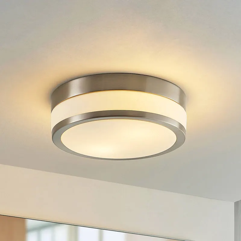 Lampa sufitowa Lindby Flavi, Ø 28 cm, nikiel, szkło, IP44, E27