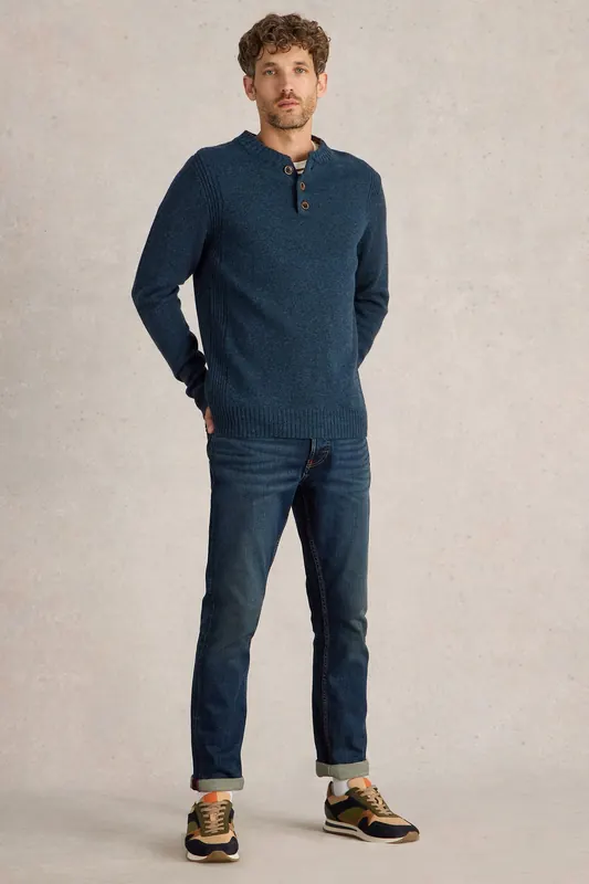 White Stuff Lambswool Henley Dark Navy Maat: S | Sweaters Outlet | Heren | Blauw