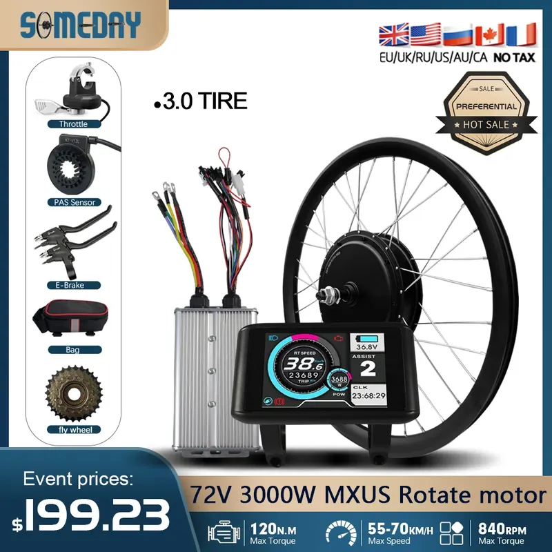 Zestaw do konwersji roweru elektrycznego MXUS 72V 3000W, 20-29 cali, 700C, bezszczotkowy silnik tylny bezprzekładniowy, mocowanie Dropout 142mm, opona 3.0 cala