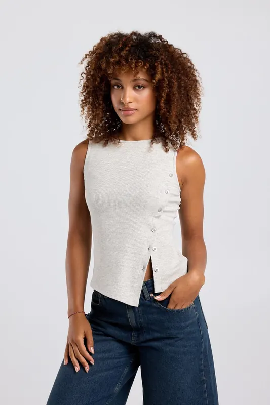 America Today Gabria Light Grey Melange Maat: M | Mouwloze Tops Outlet | Dames | Grijs