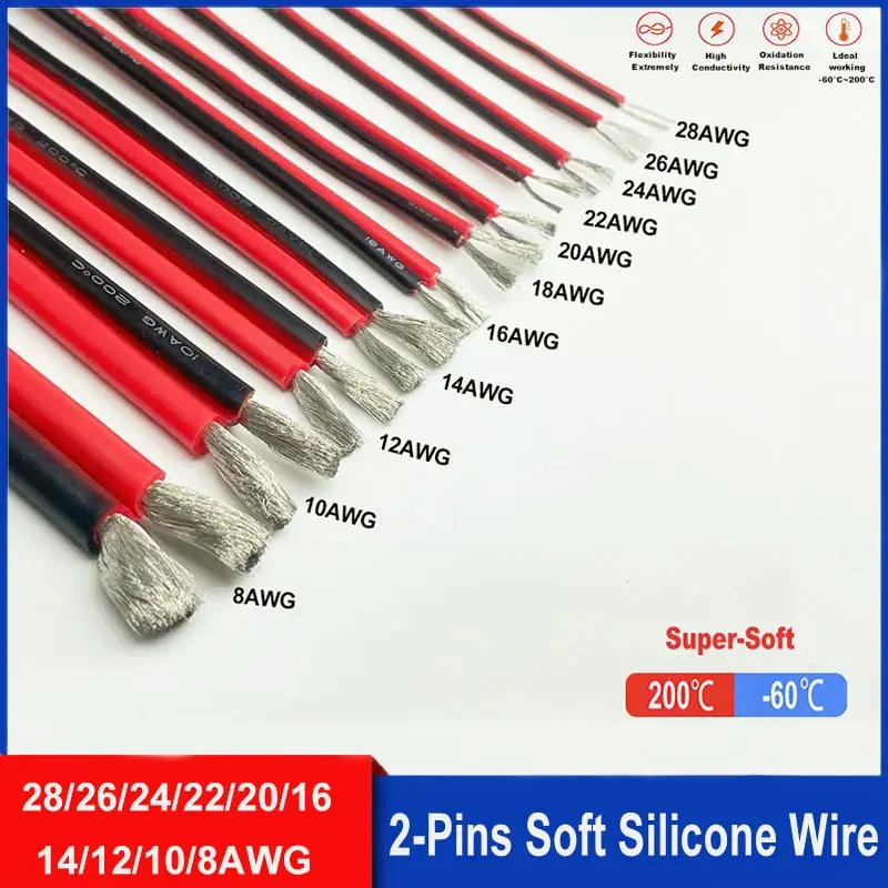 Super miękki 2-pinowy czerwono-czarny kabel silikonowy 28awg 26awg 24 22 20 18 16 14 12awg 10awg 8awg Drut miedziany cynowany w wysokiej temperaturze