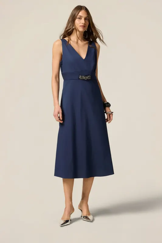 Oltre Poplin Dress With Jewel Patch Blue Maat: 38 | Midi Jurken Outlet | Dames | Blauw