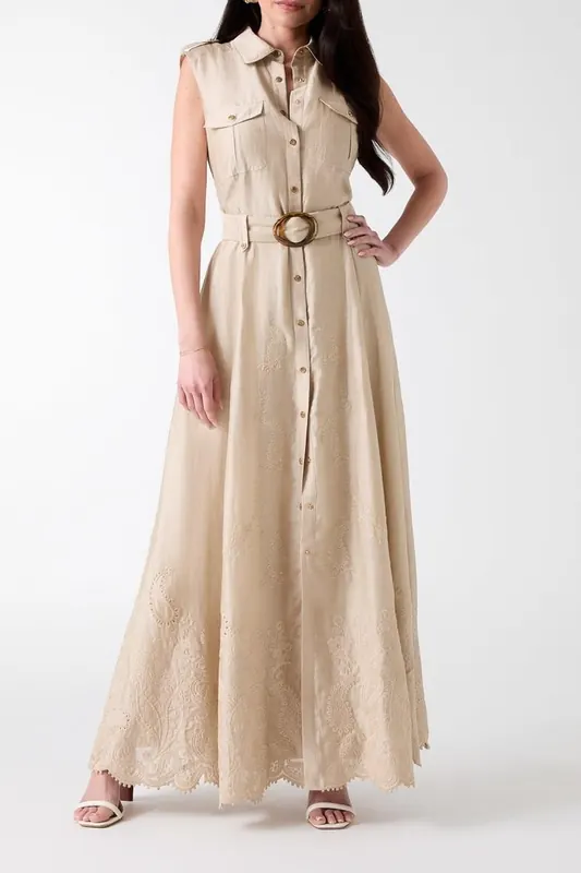 GUESS Mindy Embroidered Ch Velvet Taupe Multi Maat: 44 | Maxi Jurken Outlet | Dames | Beige