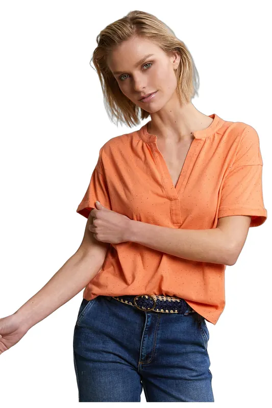 River Woods Orange Dotted V-neck T-shirt Maat: L | Tops Outlet | Dames | Oranje