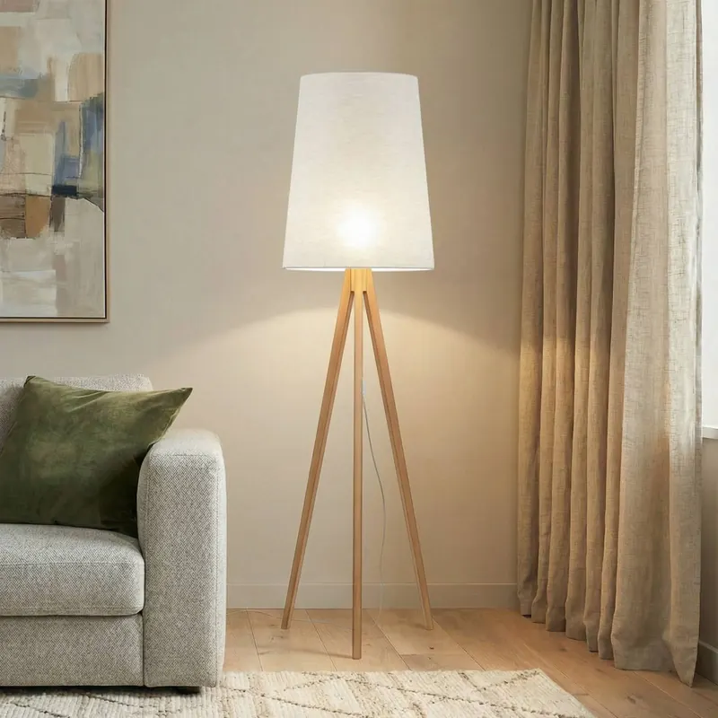 Lampa stojąca Walz, kremowa, drewno, wysokość 175 cm, E27