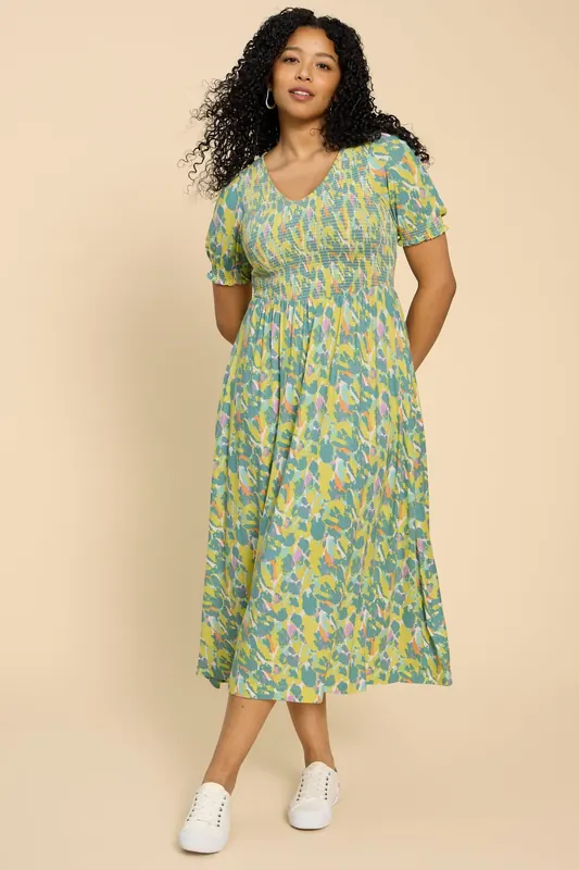 White Stuff Emily Shirred Jersey Dress Teal Print Maat: 6 REGULAR | Midi Jurken Outlet | Dames