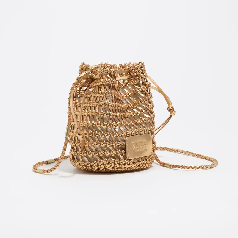 Torebka bucket mini pleciona skóra złota