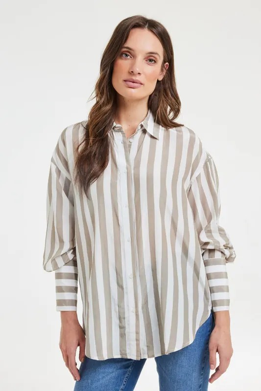 DIDI Oversized Shirt Lisan Taupe Offwhite Stripe Maat: 38 | Longsleeves Outlet | Dames | Taupe