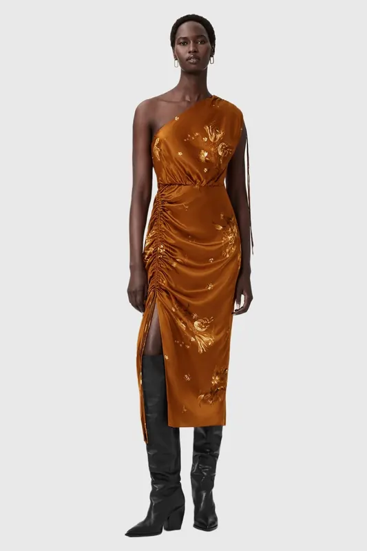 AllSaints Laura Dress Ania Rust Brown Maat: 8 | Midi Jurken Outlet | Dames | Bruin