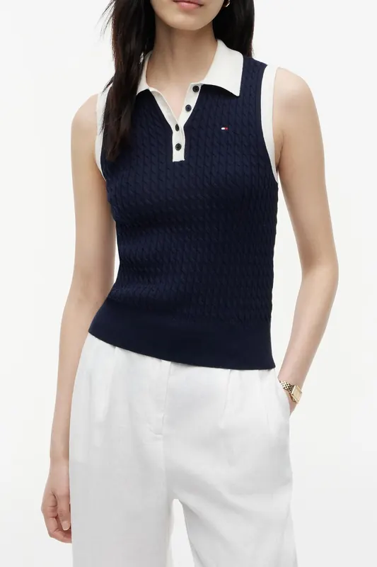 Tommy Hilfiger Fine Cable Sleeve Dark Night Navy Maat: L | Poloshirts Outlet | Dames | Blauw