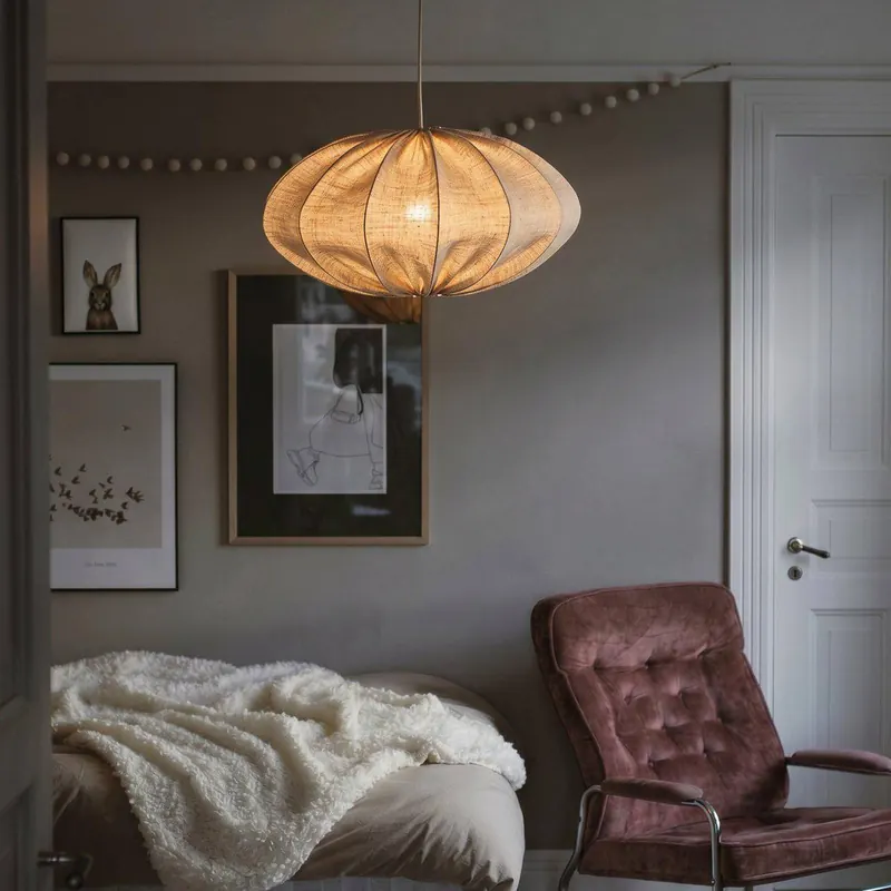 Lampa wisząca w kolorze różowym i szarym, średnica 60 cm, materiał tekstylny,